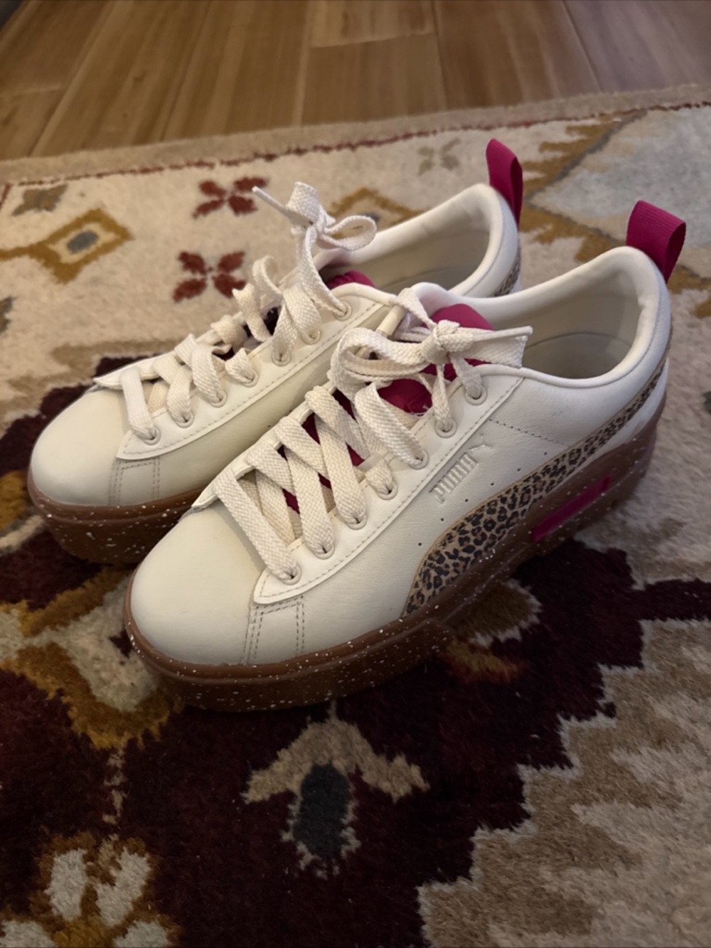 Puma Women’s Cream Leather Platform Sneakers with Leopard Detail - Picture 2 of 14
